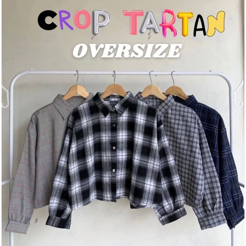 BLOUSE KEMEJA CROP TARTAN WANITA / KAMEJA TARTAN OVERSIZE / KEMEJA PUTIH POLOS / ATASAN KEMEJA KOTAK KOTAK BLOUSE CROP TOP OUTER OVERSIZE WANITA LENGAN PANJANG BALON MOTIF TARTAN PLAIN PLAID CROP