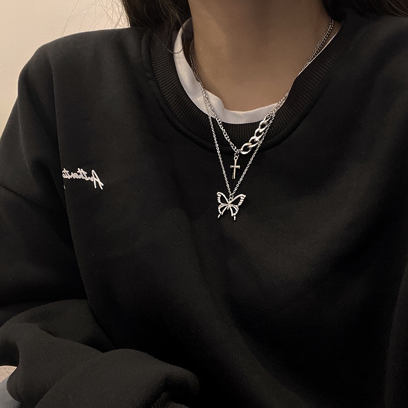Double Butterfly Necklace Accessories Hip Hop Clavicle Chain Cross Pendant