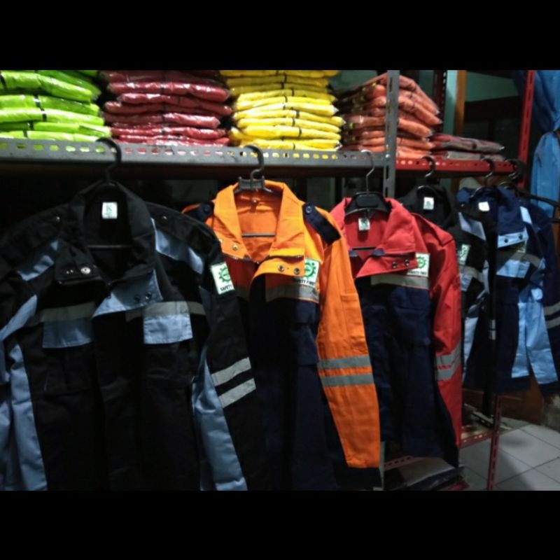 SERAGAM SAFETY ATASAN SEMI JAKET DONGKER KOMBINASI ORANYE RESLETING