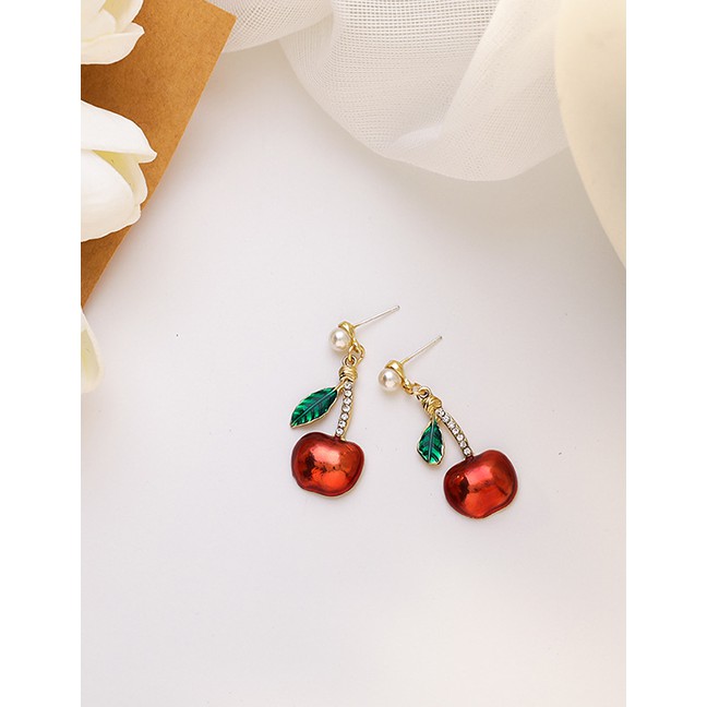 LRC Anting Fashion Red Pearl And Diamond Apple Alloy Earrings K70218