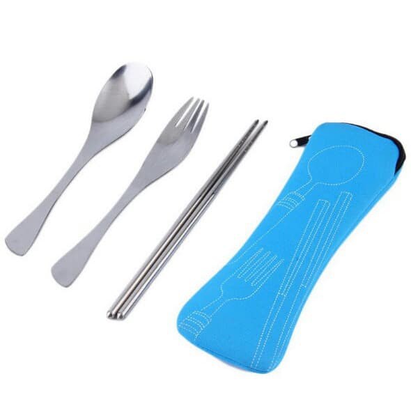 Set alat perlengkapan makan sendok garpu sumpit set + Pouch Portable
