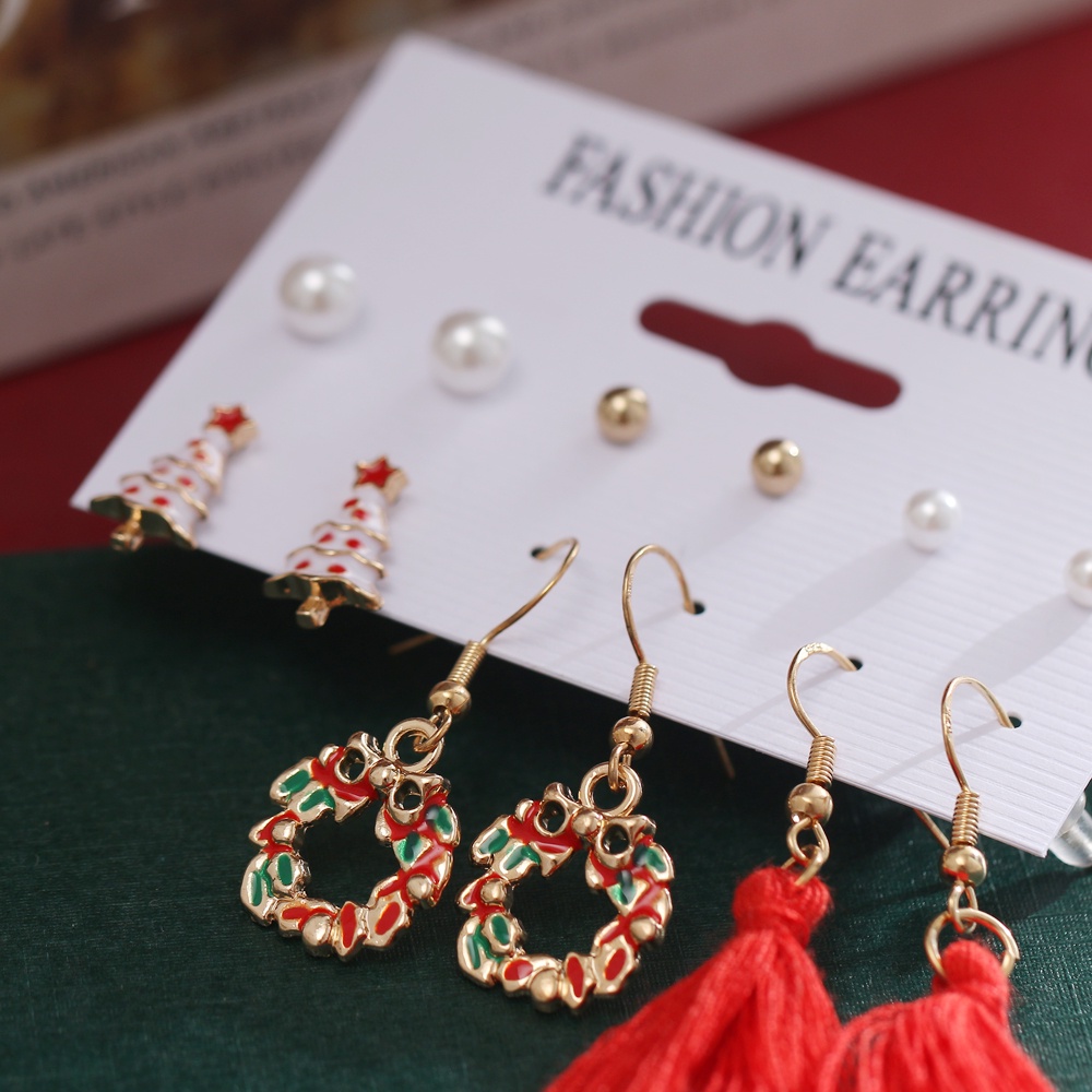 12pcs / Set Anting Rumbai Mutiara Desain Santa Claus Rusa Pohon Natal Untuk Wanita