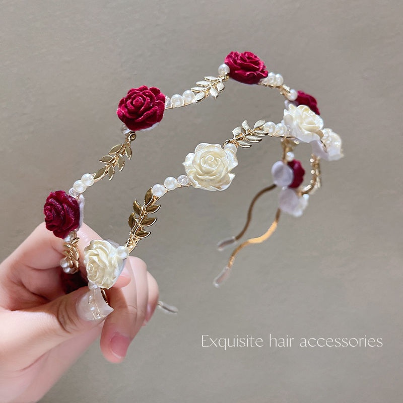 Bando Mutiara Mawar Musim Panas Prancis Retro High-End Jepit Rambut Hiasan Kepala Desain Niche Hairband Tekanan Tinggi-Otak Top