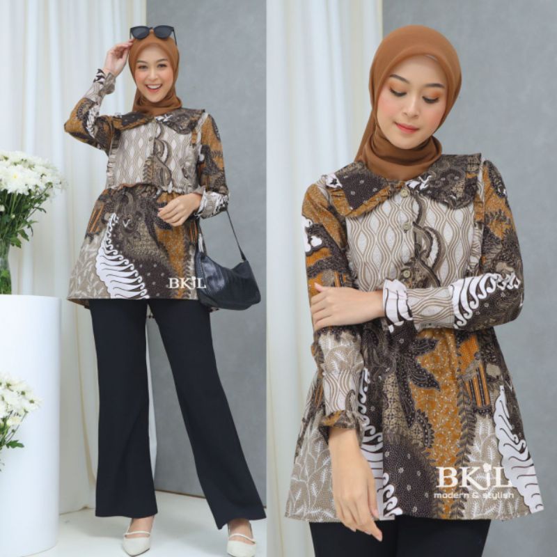 BKiL atasan blouse batik cewek modern stylish kerah lebar kerja kantor kondangan klasik coklat jumbo