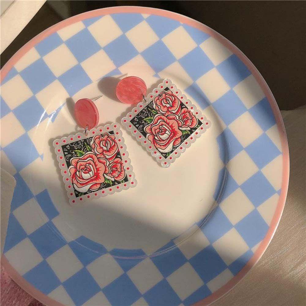 NEEDWAY Anting Bunga Manis Berlebihan Merah Muda Motif Graffiti Perhiasan Telinga Mawar Anting Menjuntai