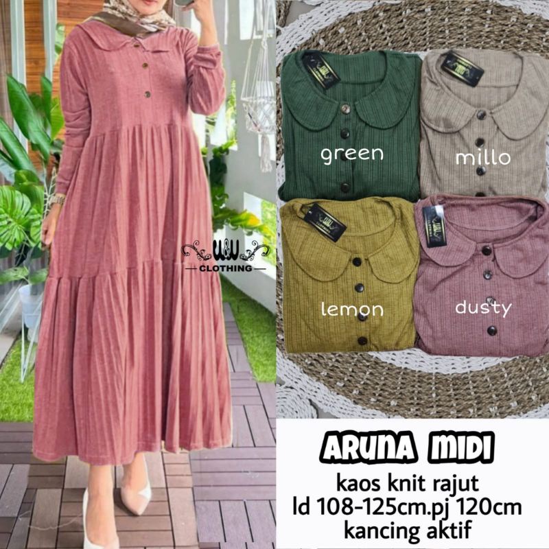 Dress midi remaja motif polos mewah elegan. Aruna Dres raiut import tebal adem ori w&w