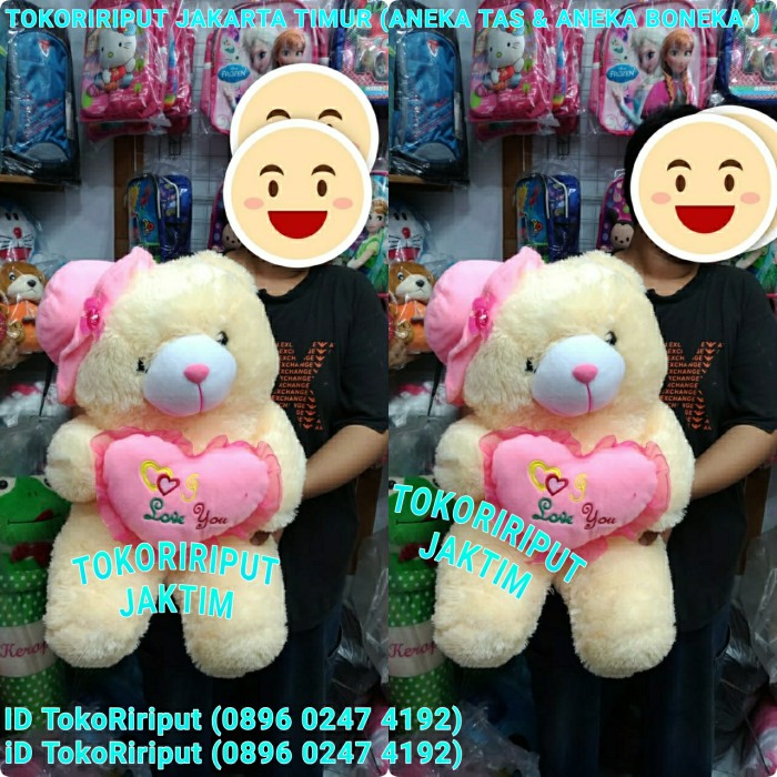 Promo boneka teddy bear beruang pink love topi jumbo ,sni super lembut Diskon