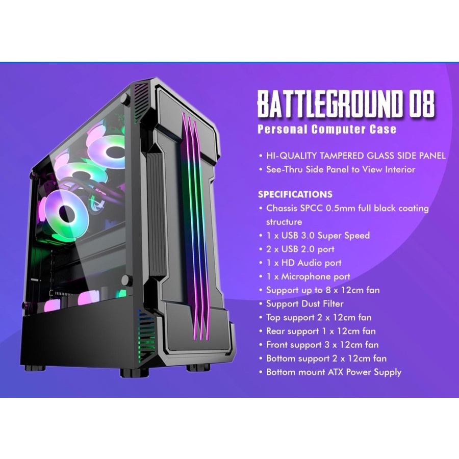 Casing Simbadda BattleGround 08 BattleGround 8 mATX Tempered Glass Gaming Case