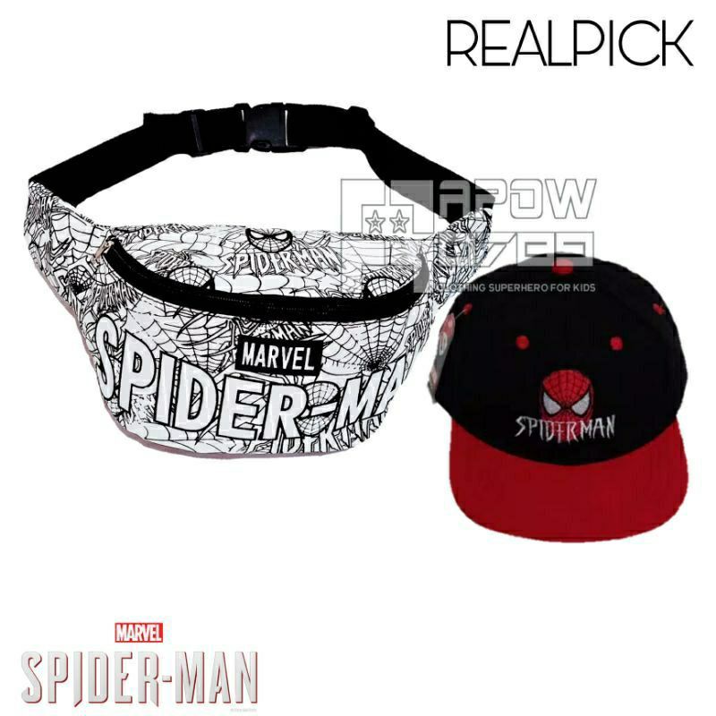 Paket 2in1 tas waistbag /tas slempang anak Spiderman / tas pinggang anak topi bordir Spiderman