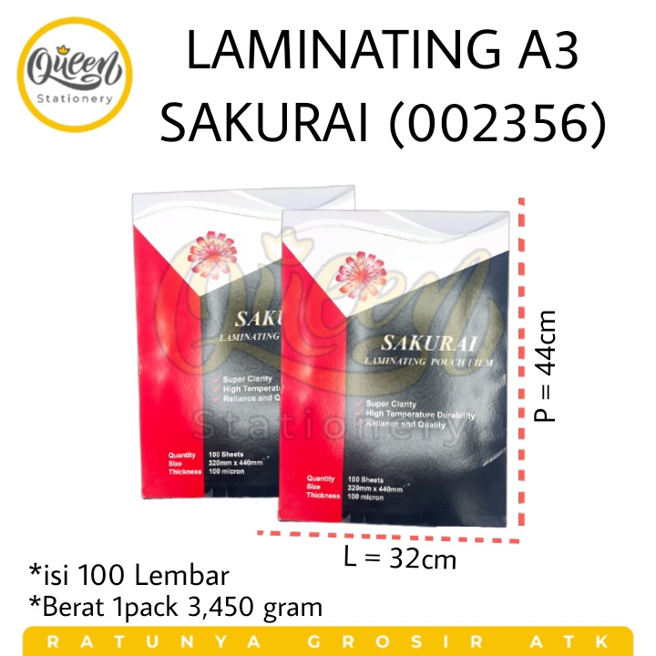 

1 PAK (100 LEMBAR) LAMINATING A3 SAKURAI (002356) - PLASTIK LAMINASI GLOSSY