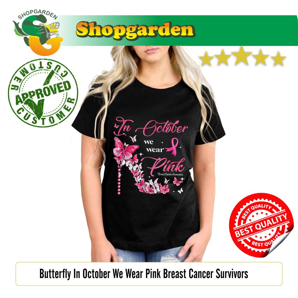 Kaos Wanita Butterfly In October We Wear Pink Breast Cancer Survivors T-Shirt Kaos Cewek Premium Sab