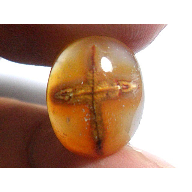 AG296 Oval Cabochon 14x11mm 8ct Natural Untreated Figure Golden Brown Cross Picture Agate