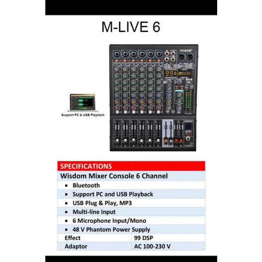 Mixer audio wisdom m live6 m live 6 6CH usb soundcard garansi original