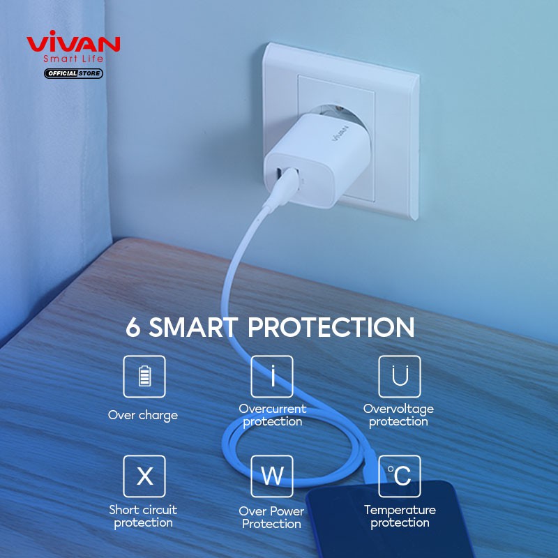 Charger VIVAN Dual Output Port 3A USB-A &amp; Type C 18W PD Quick Charge &amp; VOOC Flash Charge Power Turbo