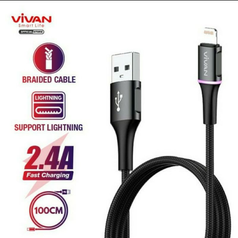 BATAM SHOPPING MALL VDL100 / VDL200 vivan Kabel Data Lightning 2.4A 1M LED Light  Quick for iPhone iPad Charge