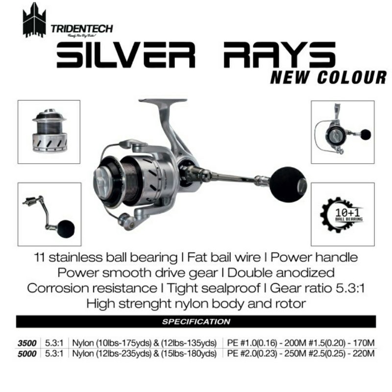 REEL TRIDENTECH SILVER RAYS NEW COLOUR - 3500 / 5000 - POWER HANDLE