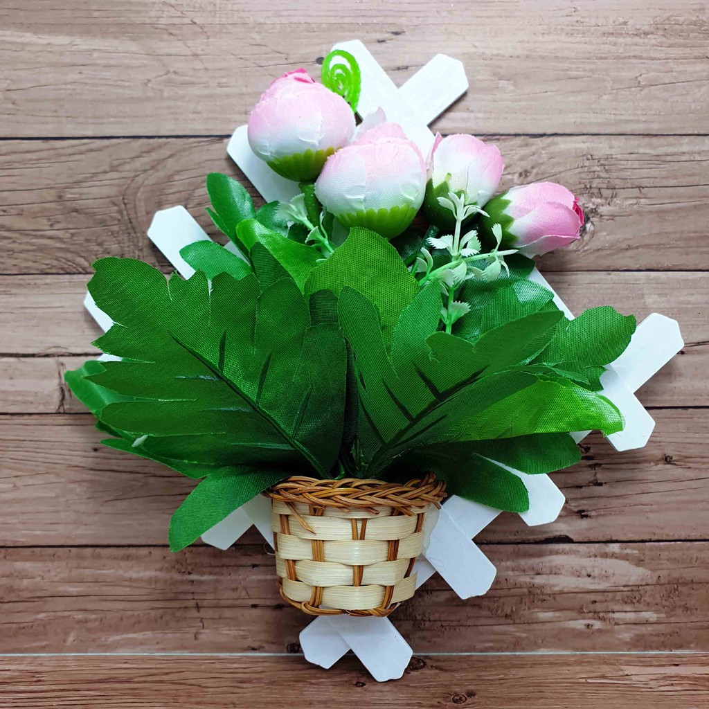 Hiasan Bunga Gantung 17cm x 17cm/ Bunga Plastik/  Bunga Artificial/ Bunga Palsu-Mawar Pink Putih