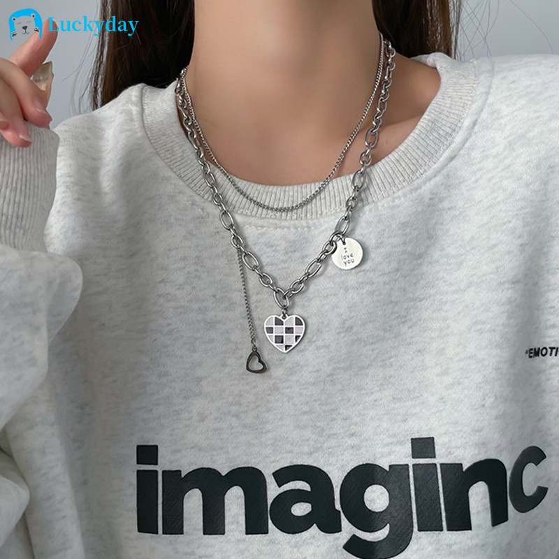 YEEZII Kalung Rantai Choker Multilayer Dengan Liontin Hati Motif Kotak-Kotak Warna Silver Untuk Wanita