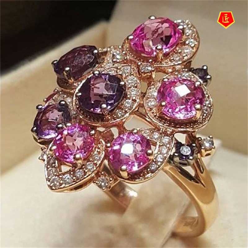 [Ready Stock]Luxury Fashion Inlaid Color Gem Rose Gold Ring