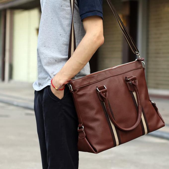 Tas Kerja 2020 Tas Selempang Tenteng Kantor Laptop Map Dokumen Kulit Leather Stripe - Cokelat