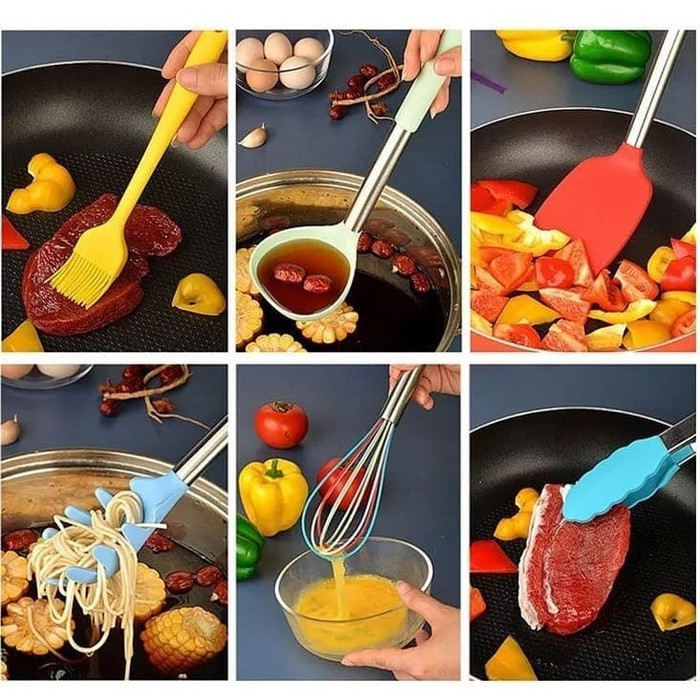 Silicone utensil set 14 pcs / peralatan masak sutil spatula silikon - warna Rainbow