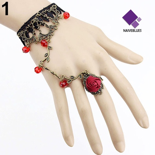 Naiveblue &gt; Gelang Tangan Sambung Cincin Gaya Retro Gothic Motif Bunga Aksen Lace + Rantai Untuk Wanita