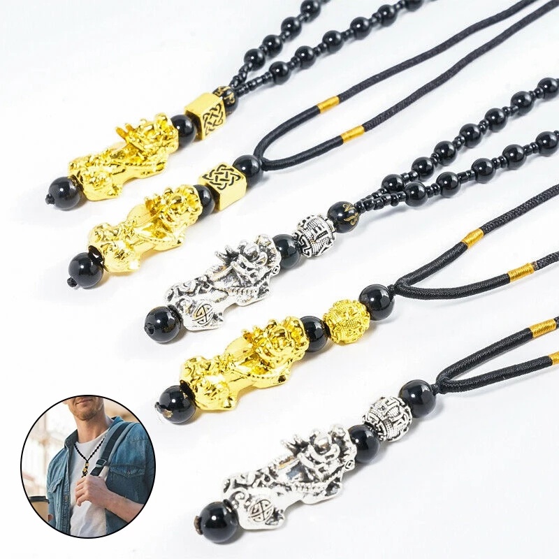 Kalung Rantai Klavikula Liontin Manik-Manik Batu Obsidian Pixiu Warna Emas Untuk Wanita