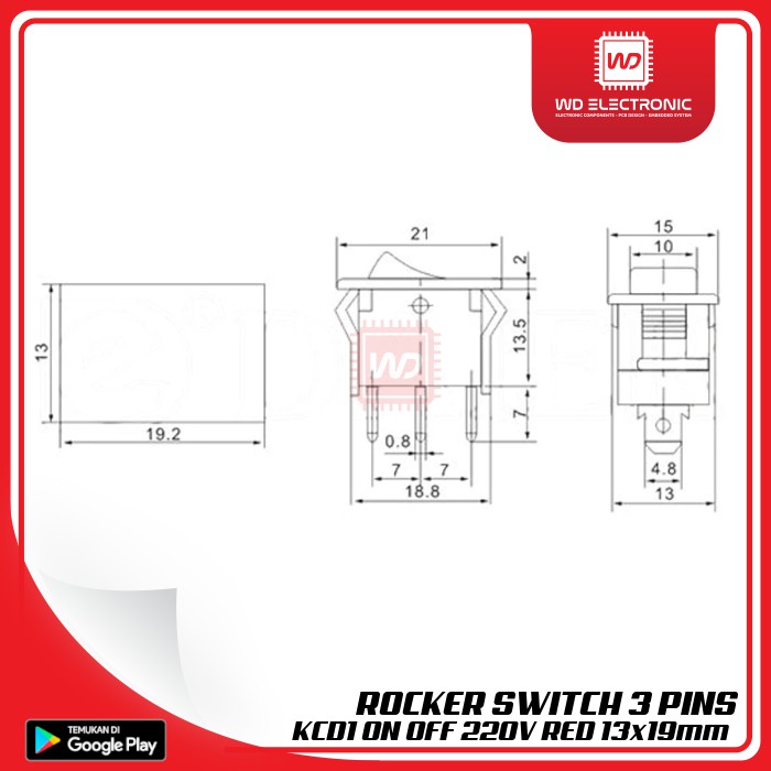 ROCKER SWITCH 3 PIN KCD1 SAKLAR ON OFF MERAH 220V 13x95MM