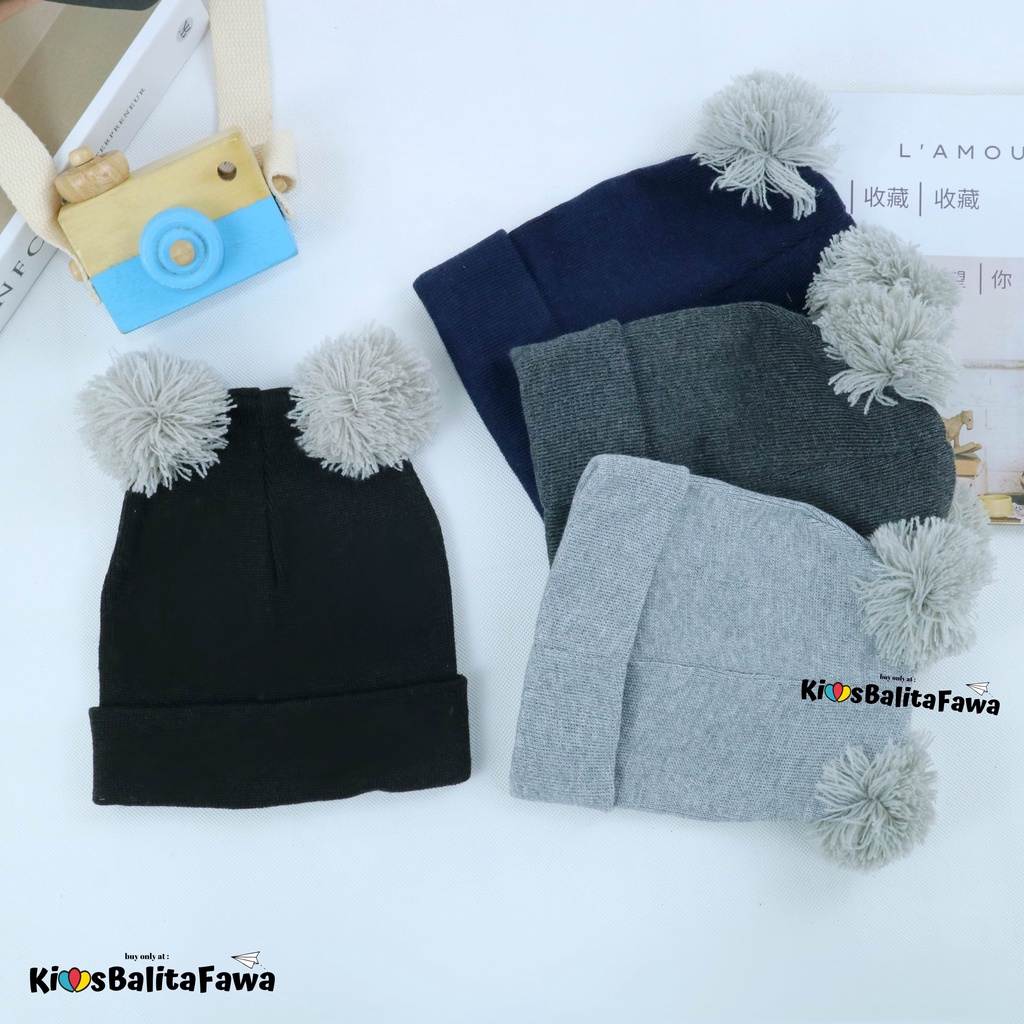 Kupluk Bayi Pom Pom Rajut /  Topi Baby Laki Laki Hair Murah Wool Polos Aksesoris Anak