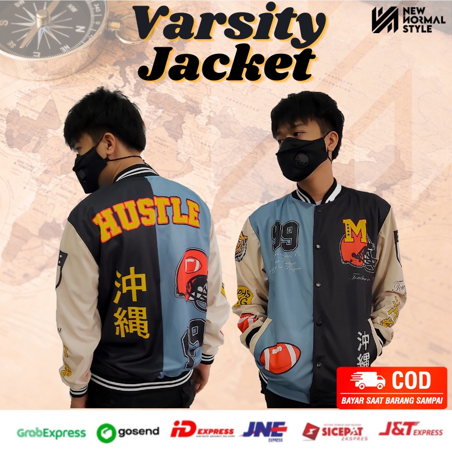 HUSTLE Jaket Baseball Varsity Bomber Vintage Jacket Casual Pria Wanita Cowok Laki Distro Keren Dewasa Terbaru Original