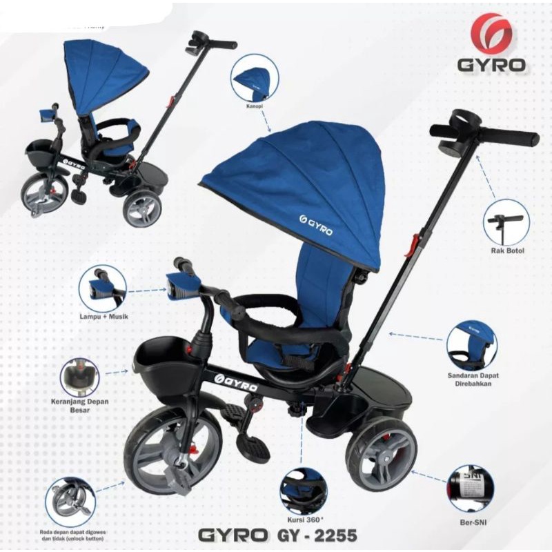 Sepeda roda tiga stroller Gyro 2255, bisa rebahan