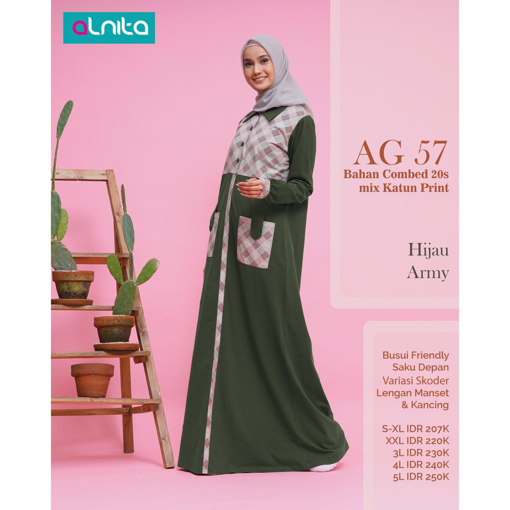 ALNITA AG 57 BAHAN COMBED MIX KATUN PRINT GAMIS WANITA MUSLIMAH COKLAT SUSU HIJAU ARMY