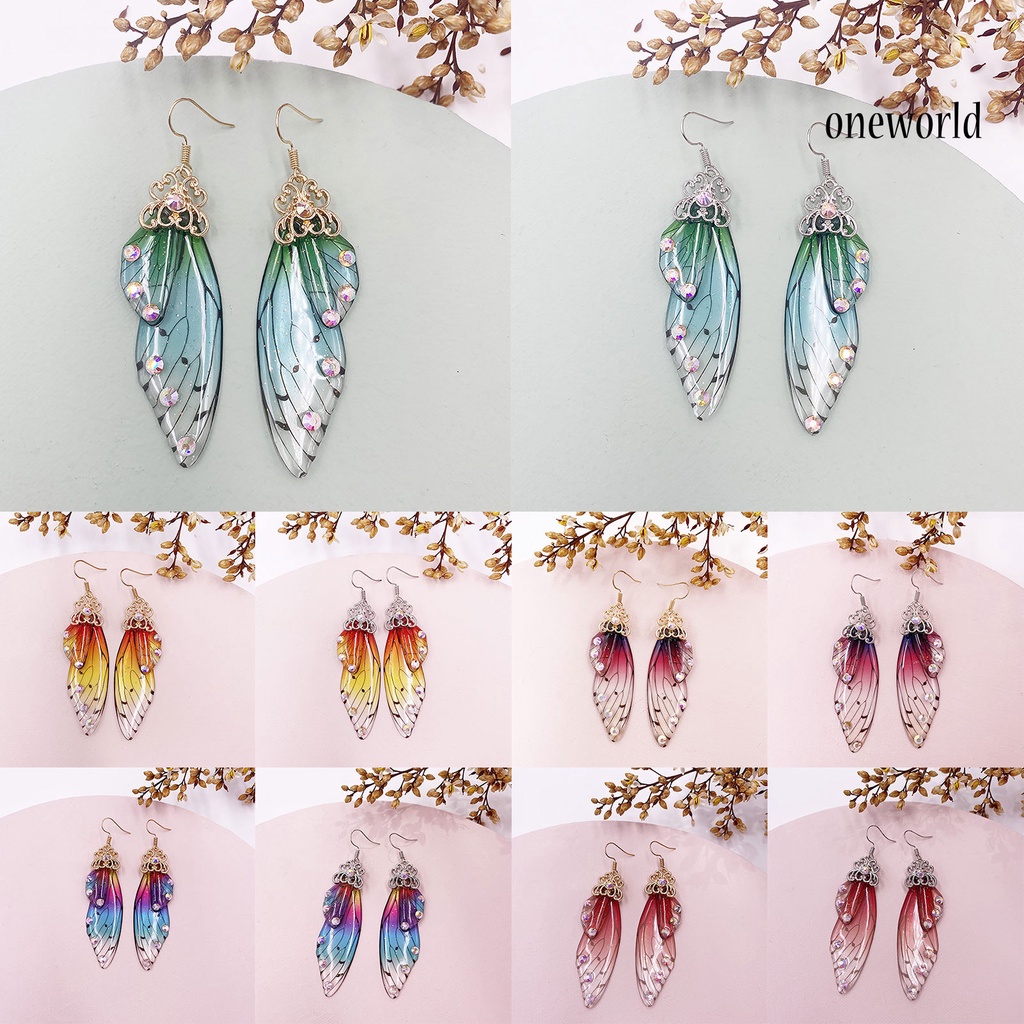 OW# Women Fashion Earrings Butterfly Wing Gradient Color Rhinestone Ear Hook Jewelry