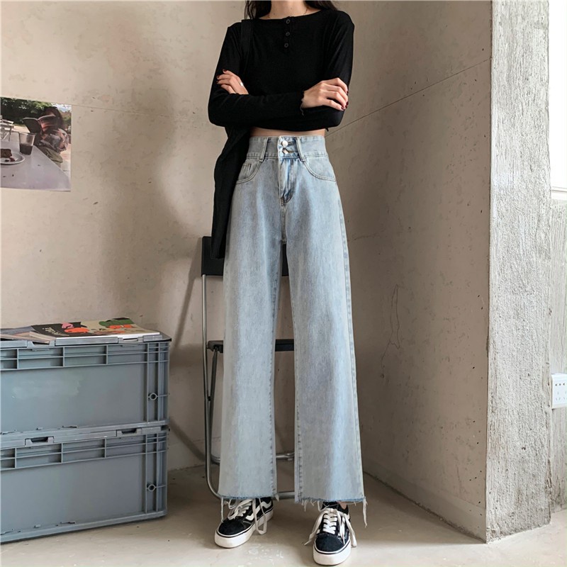 [chaoo.id]Celana Jeans Lurus Retro Korea Wanita Longgar Kaki Lebar Pinggang TinggiJeans pinggang tinggi longgar kasual berkaki lurus wanita celana