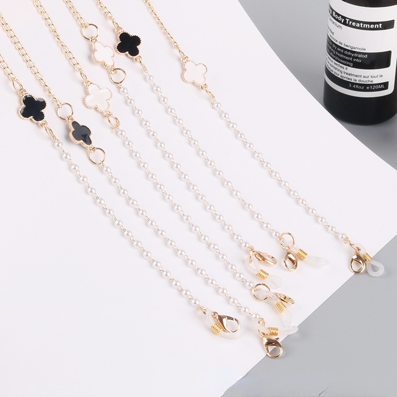 72cm Glasses chain four-leaf clover black gem metal chain hanging neck double buckle mask anti-lost rope