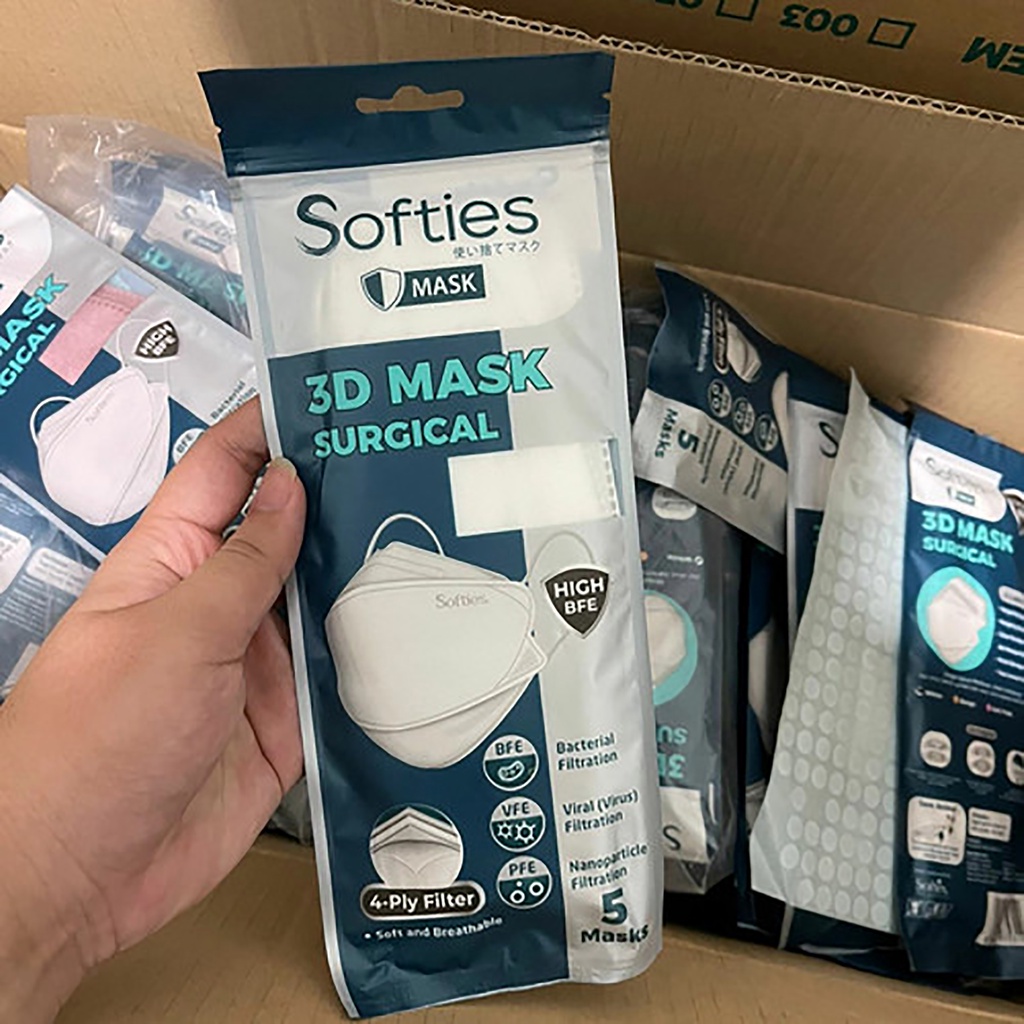 Bisa COD Masker Softies 3D Surgical Mask 4-Ply Earloop isi 5 Sheet