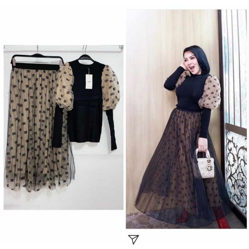 SETELAN BAJU BLOUSE RAJUT TANGAN TUTU DAN ROK SIFON SYAHRINI- RAJUT PREMIUM IMPORT BAJU LEBARAN (ADA TAG LABEL)