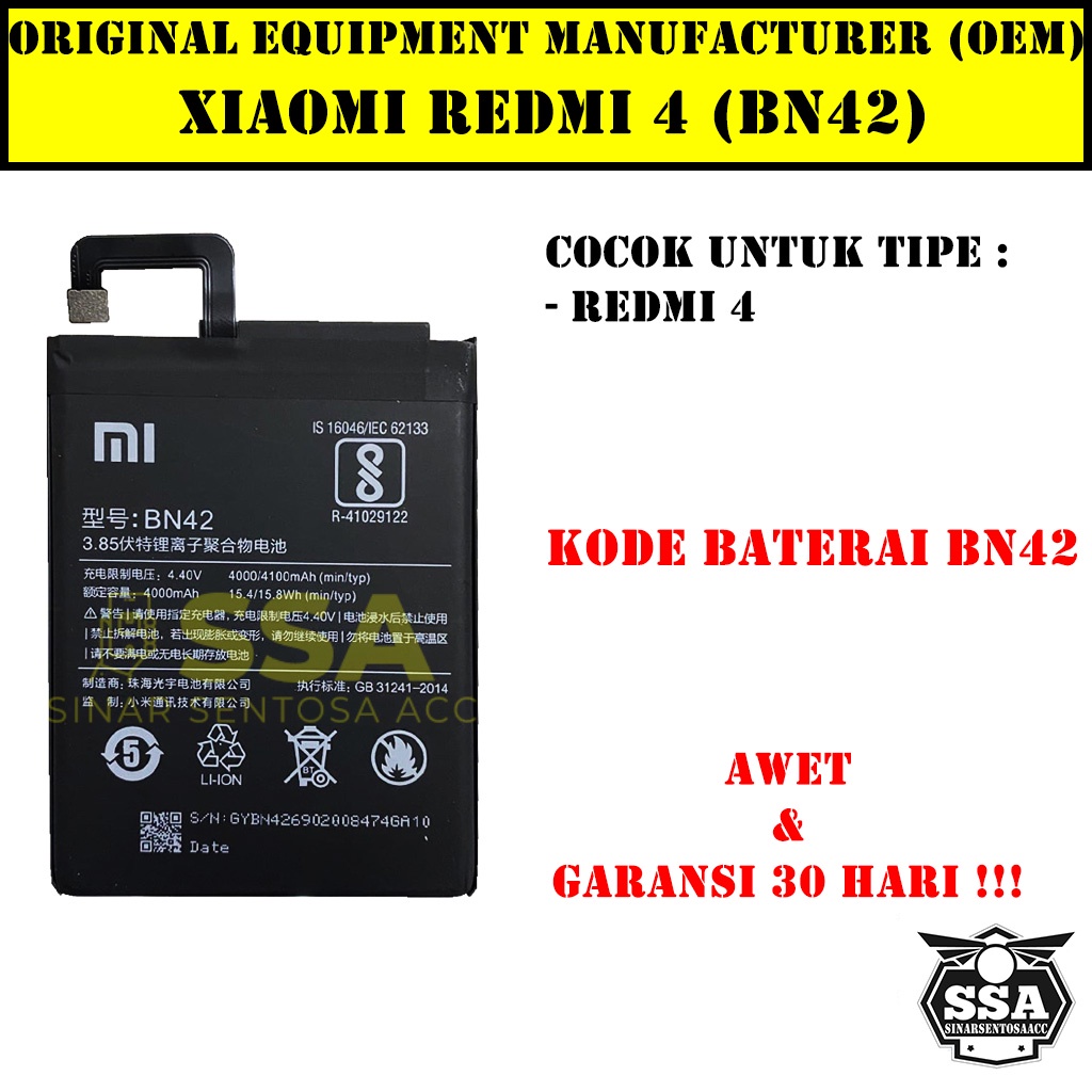 Baterai Xiaomi Redmi 4 BN42 Redmi4 Xiaomi4 Redmi BN 42 Original OEM Batu Batere Batre Battery Batrai Batrei ori hp Xiao Mi Garansi