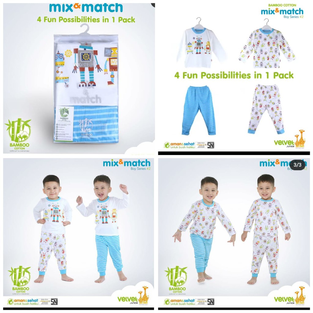 PIYAMA Anak VELVET JUNIOR Katun Bambu Mix and Match Boys and Girls size M-L-XL-2-3-4-5