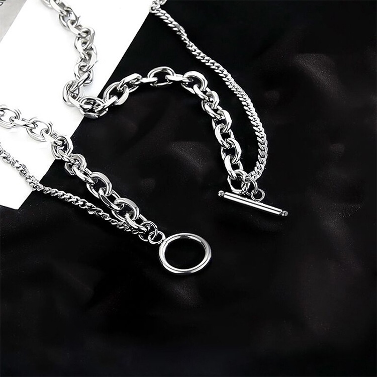 Jepang dan Korea ins double-layer kalung sederhana hip hop titanium baja PL rantai sederhana all-mat