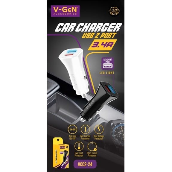 Car Charger V-GeN 2 Port 3.4A 2.4A 1 Port USB Type-C 38W 28W VCC2-19/20/21/22/23/24/25