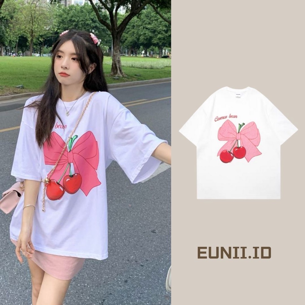 EUNII T-shirt Lengan Pendek Ceri Dasi Kupu-Kupu Pencetakan Longgar Korean Style/Kaos Atasan Wanita/Baju Kaus Oversize Wanita