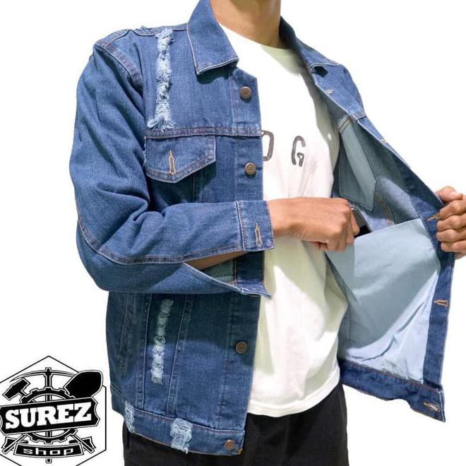 Zgt1 Jaket Jeans Pria Sobek / Jaket Jeans Ripped Pria Biru Tua Nau0