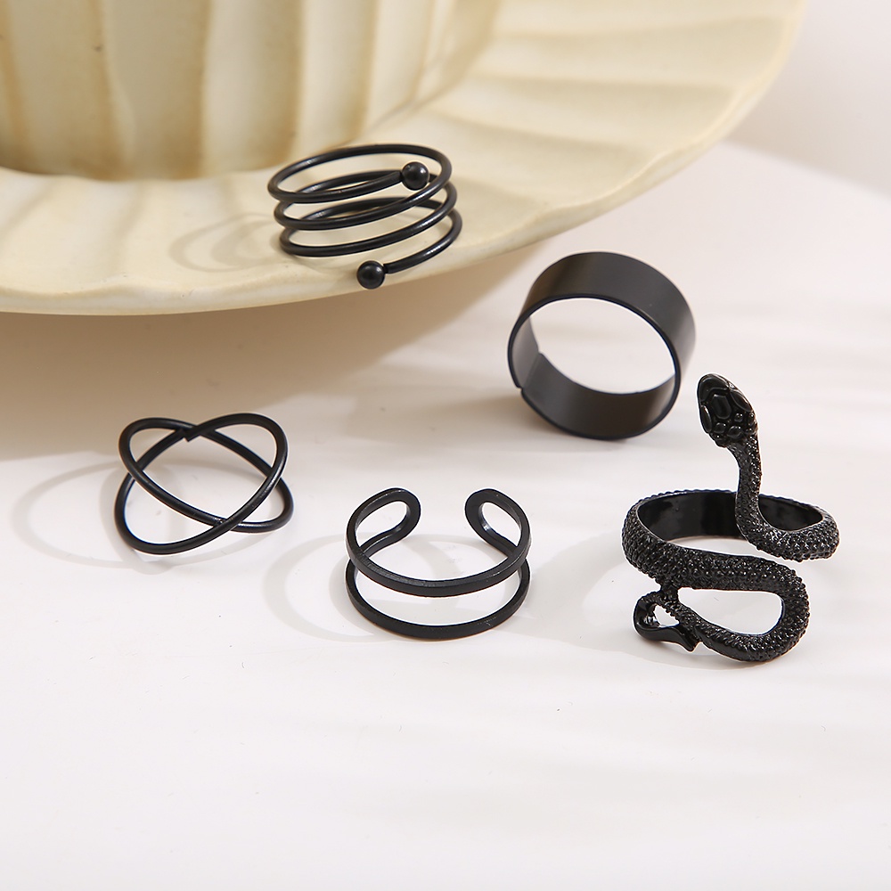 5pcs / Set Cincin Model Terbuka Desain Ular Silang Spiral Warna Hitam Dapat Disesuaikan Untuk Wanita