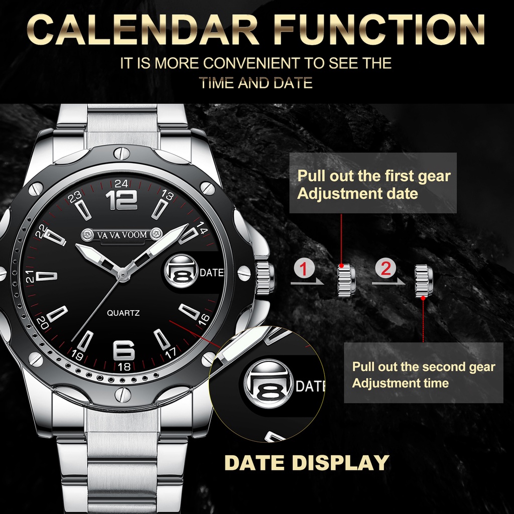 VaVa Voom 2411 Jam Tangan Pria Tanggal Stainless Steel Quartz Original Tahan Air Watch + Kotak Gratis