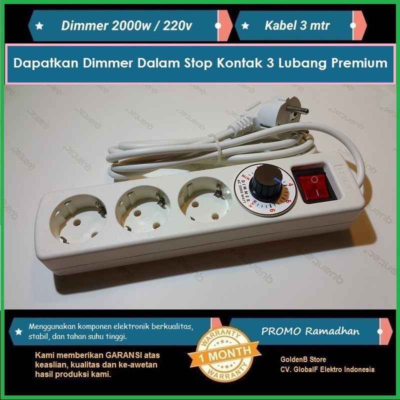 Dimmer SCR 2000w Pengatur Kecepatan Gerinda Stop Kontak 3 Lubang Kabel 3 mtr Dimer 2000 watt