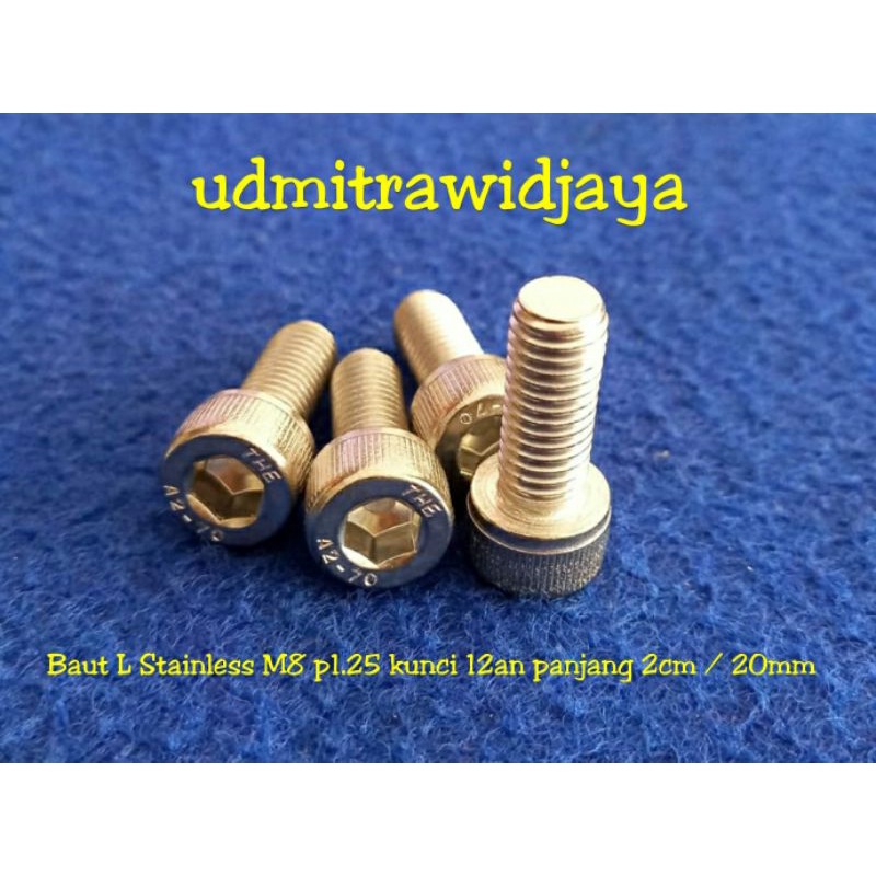 BAUT L STAINLESS STELL A2-70 304 baut 12an baut L ss M8 diameter 8 mm p1.25 baut kunci 12 13 baut fulldratt stenlis baut pangkon cnc baut probolt Ss