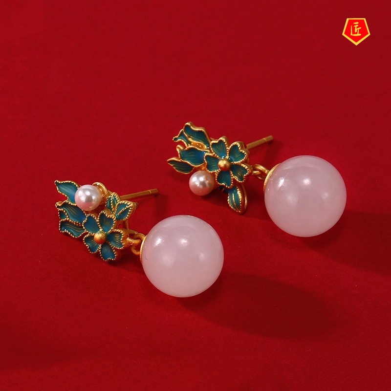 [Ready Stock]Retro Exquisite White Jade Stud Earrings for Women