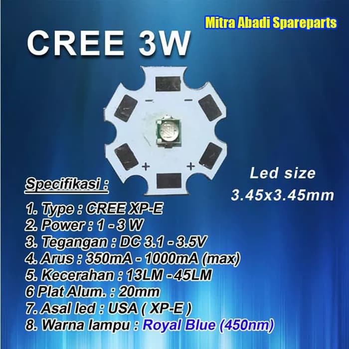 HPL 3W/High Power LED 3 Watt CREE XP-E Royal Blue 450nm 20mm