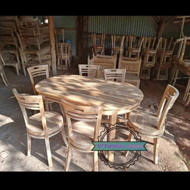 Meja makan jati panjang model oval kursi 6 simpel sederhana mentahan